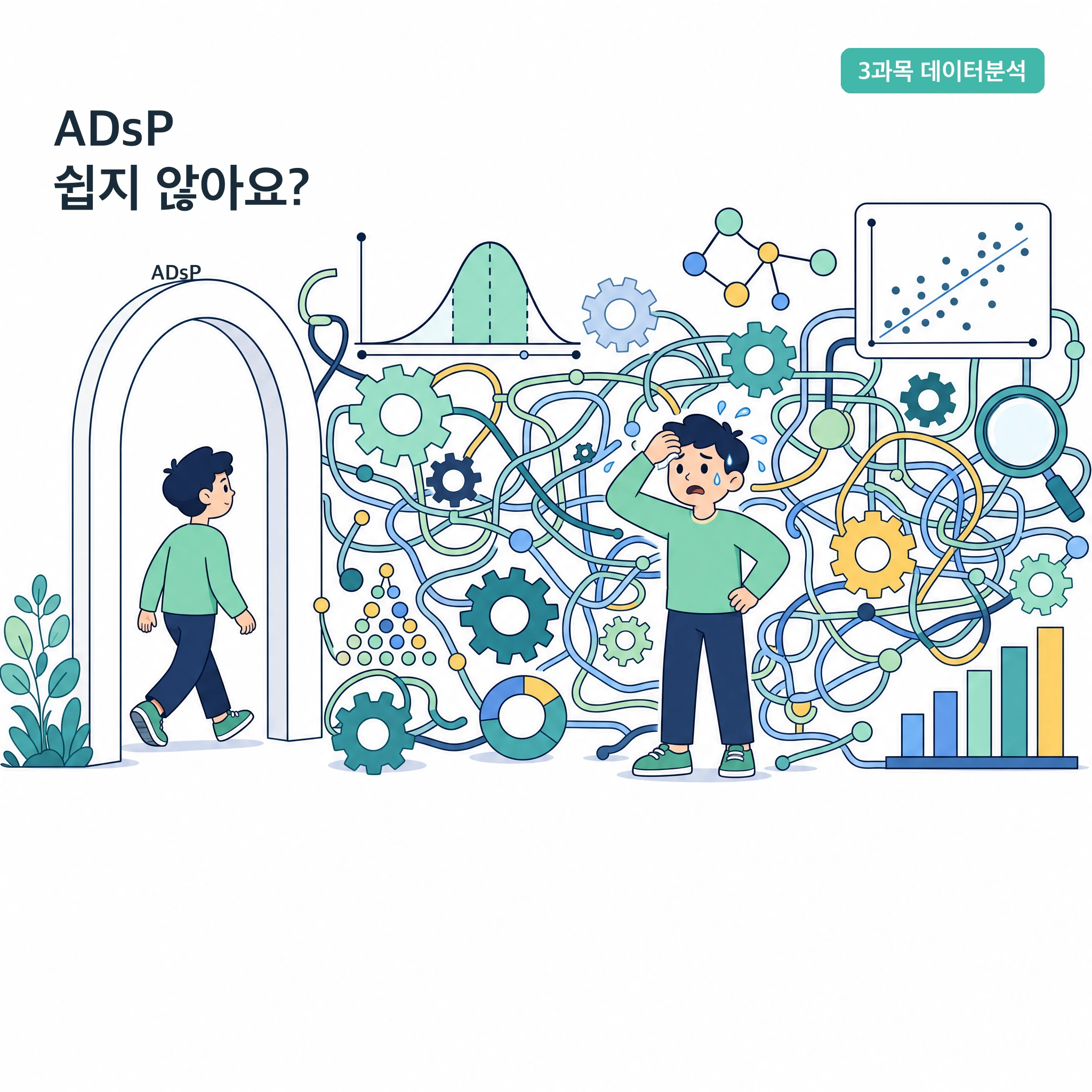 ADsP 자격증 난이도 — 데이터분석 이론과 통계 개념이 복잡하게 얽혀 있음을 보여주는 일러스트